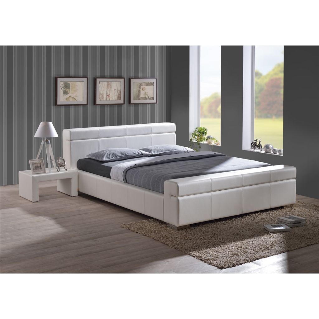 White Faux Leather Cubed Sleigh Design Bed Frame King Size 5ft