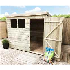 7 X 5 Pent Garden Shed - 12mm Tongue And Groove Walls - Pressure Treated - Single Door - 2 Windows + Safety Toughened Glass