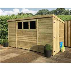 10 X 4 Pent Garden Shed - 12mm Tongue And Groove Walls - Pressure Treated - Single Door - 3 Windows + Safety Toughened Glass