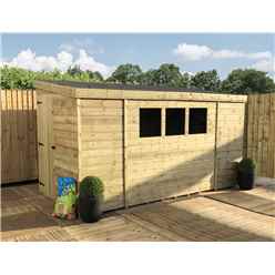 10 X 6 Reverse Pent Garden Shed - 12mm Tongue And Groove Walls - Pressure Treated - Single Door - 3 Windows + Safety Toughened Glass