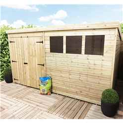 12 X 7 Large Pent Garden Shed - 12mm Tongue And Groove Walls - Pressure Treated - Double Doors - 3 Windows + Safety Toughened Glass