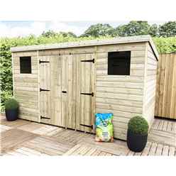 12 X 6 Large Pent Garden Shed - 12mm Tongue And Groove Walls - Pressure Treated - Centre Double Doors - 2 Windows + Safety Toughened Glass