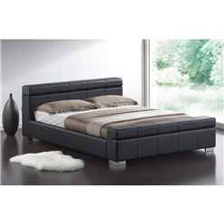 Black Cubed Sleigh Faux Leather Bed Frame - Double 4ft 6