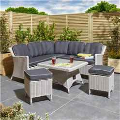 6 Seater Putty Grey Compact Rattan Weave Corner Dining Set - With Stools